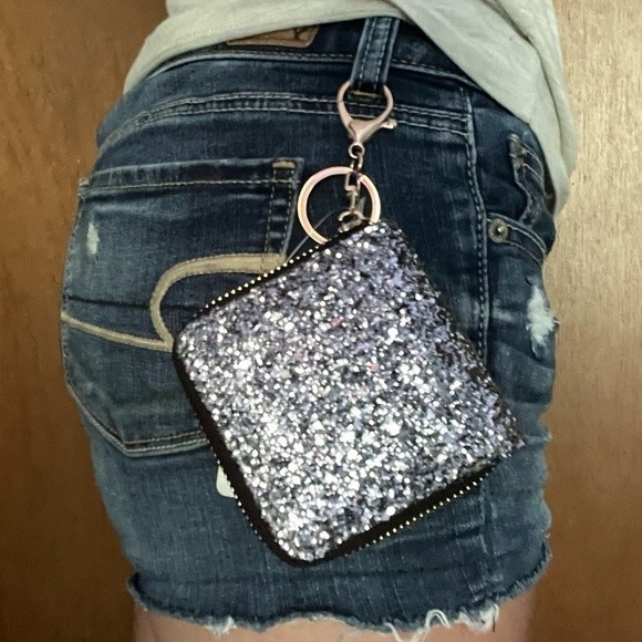Mini Glitter Keychain Wallet Clip On Iridescent Card Holder Sparkly Small Zipper - Picture 7 of 15